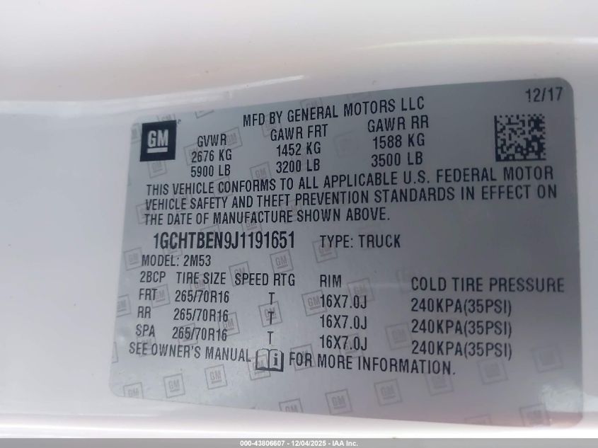 2018 Chevrolet Colorado Wt VIN: 1GCHTBEN9J1191651 Lot: 43806607