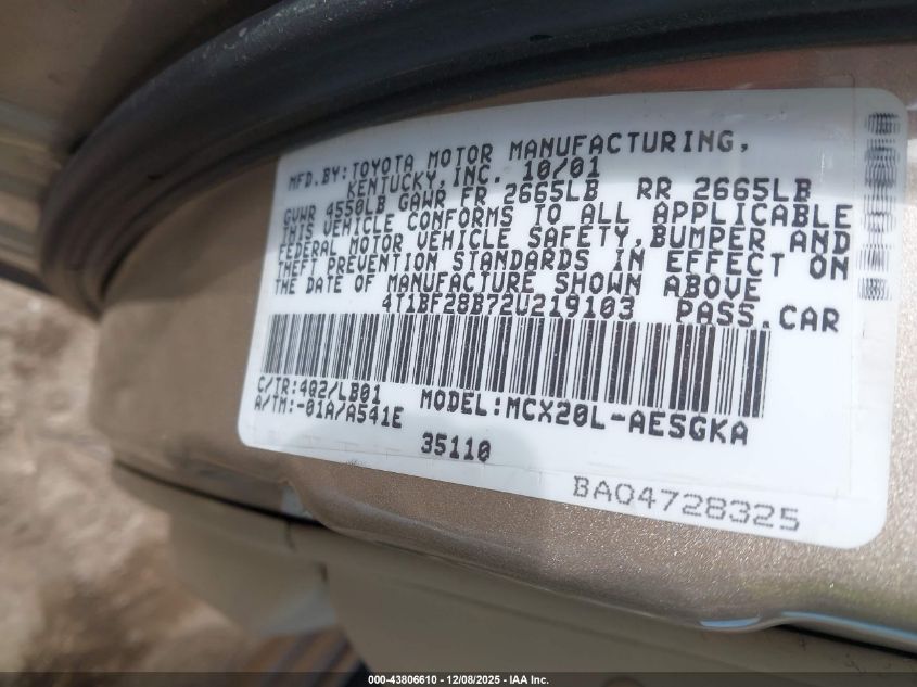 2002 Toyota Avalon Xls VIN: 4T1BF28B72U219103 Lot: 43806610