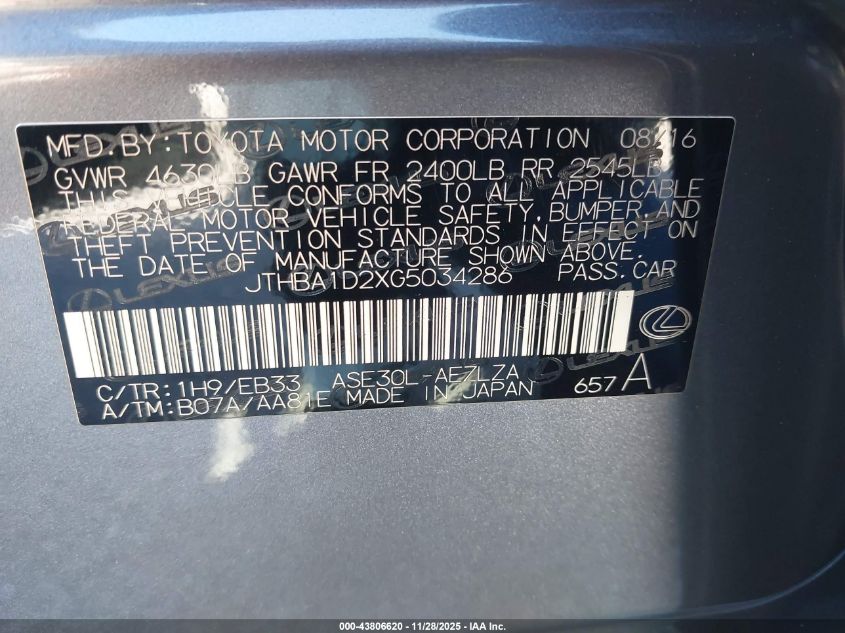 2016 Lexus Is 200T VIN: JTHBA1D2XG5034286 Lot: 43806620