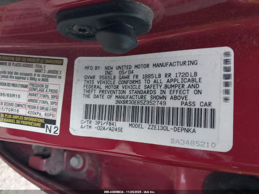 2005 Toyota Corolla Le VIN: 1NXBR30E85Z352749 Lot: 43806634