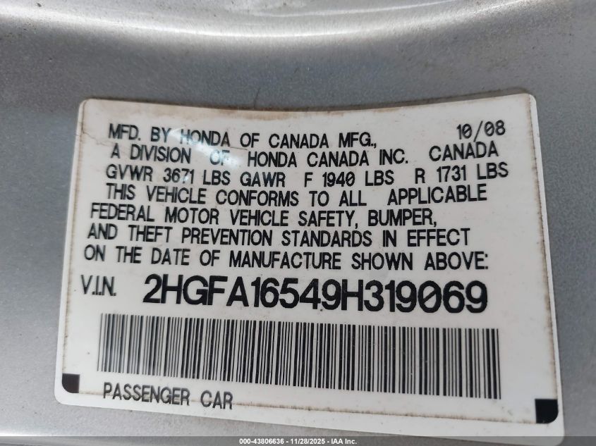 2009 Honda Civic Lx VIN: 2HGFA16549H319069 Lot: 43806636