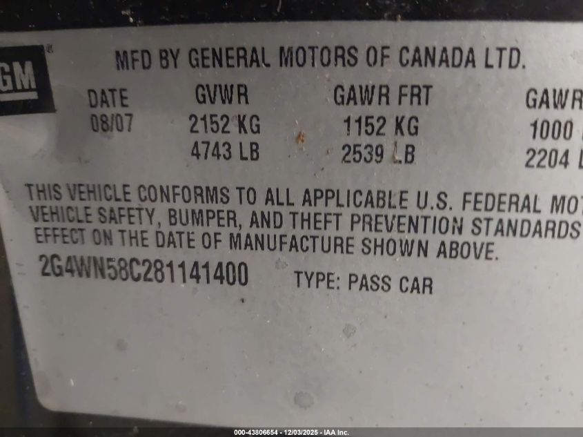 2008 Buick Lacrosse Super VIN: 2G4WN58C281141400 Lot: 43806654
