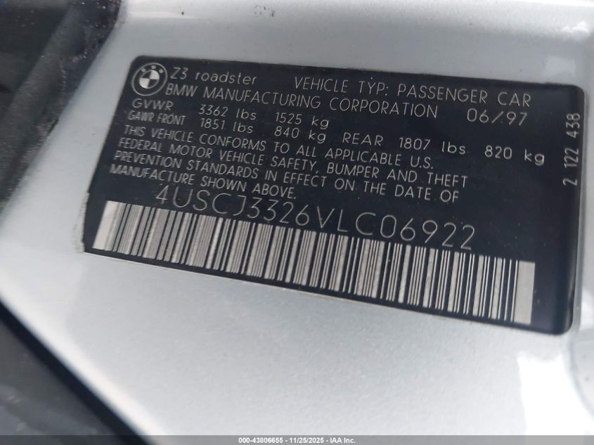 1997 BMW Z3 2.8L Roadster VIN: 4USCJ3326VLC06922 Lot: 43806655