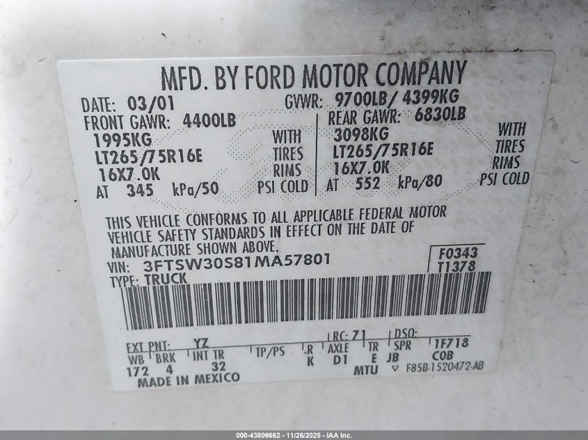2001 Ford F-350 Lariat/Xl/Xlt VIN: 3FTSW30S81MA57801 Lot: 43806662