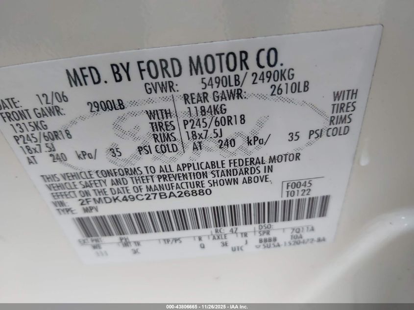 2007 Ford Edge Sel Plus VIN: 2FMDK49C27BA26880 Lot: 43806665