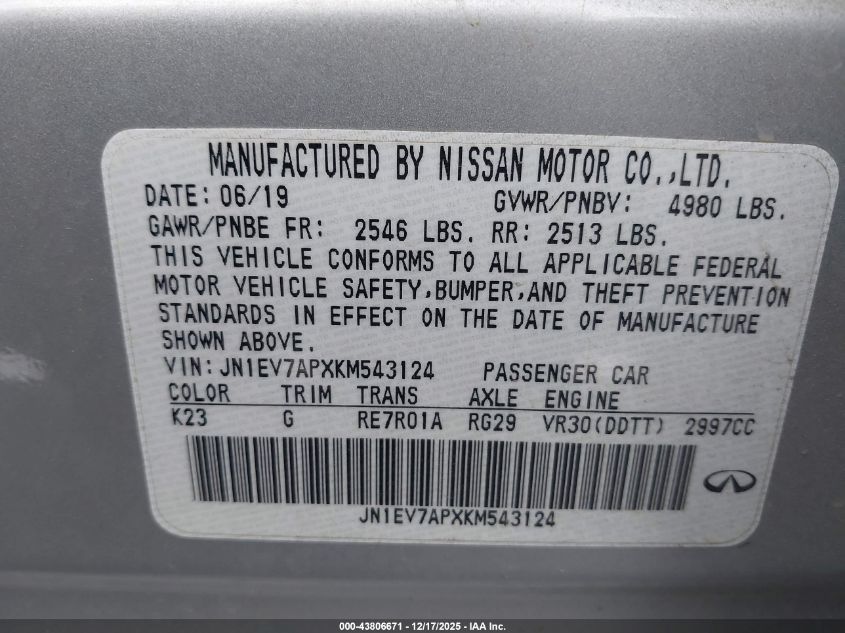 2019 Infiniti Q50 3.0T Luxe VIN: JN1EV7APXKM543124 Lot: 43806671