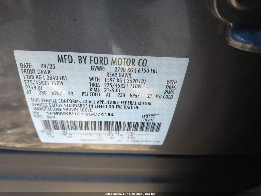 2025 Ford Explorer Platinum VIN: 1FMWK8HC1SGC74184 Lot: 43806674