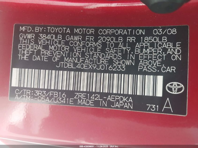 2009 Toyota Corolla Le VIN: JTDBL40EX9J016233 Lot: 43806691