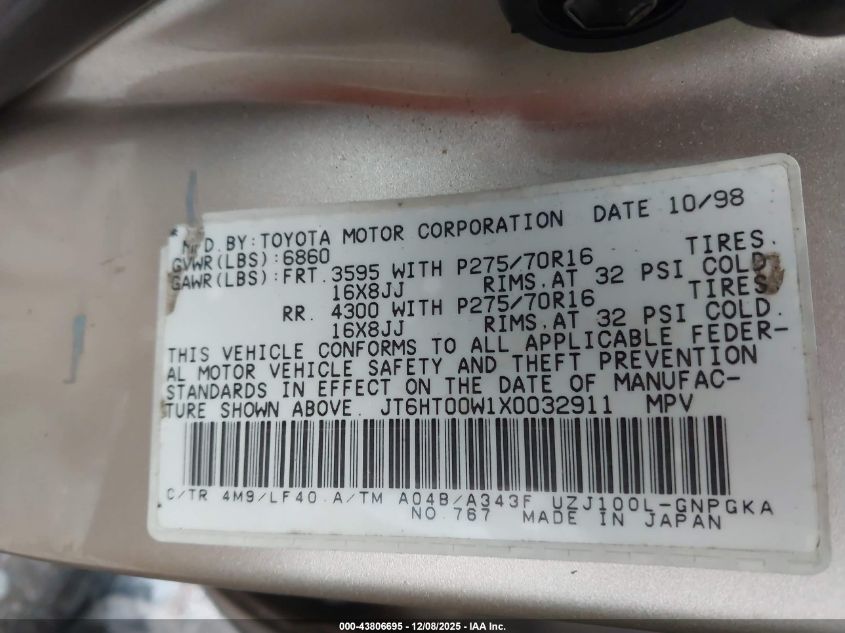 1999 Lexus Lx 470 VIN: JT6HT00W1X0032911 Lot: 43806695