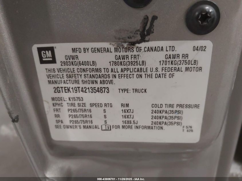 2002 GMC Sierra 1500 Sle VIN: 2GTEK19T421354873 Lot: 43806701