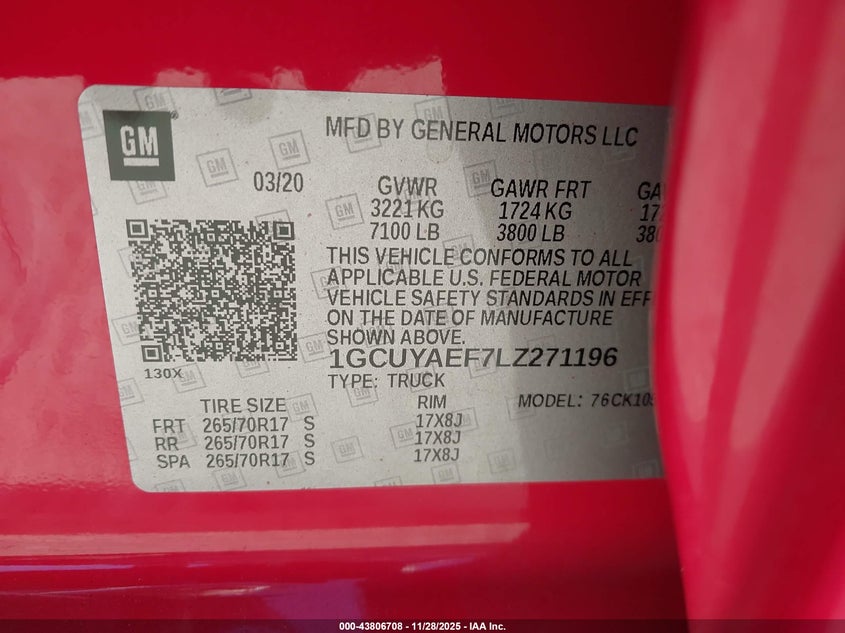 2020 Chevrolet Silverado 1500 4Wd Short Bed Wt VIN: 1GCUYAEF7LZ271196 Lot: 43806708