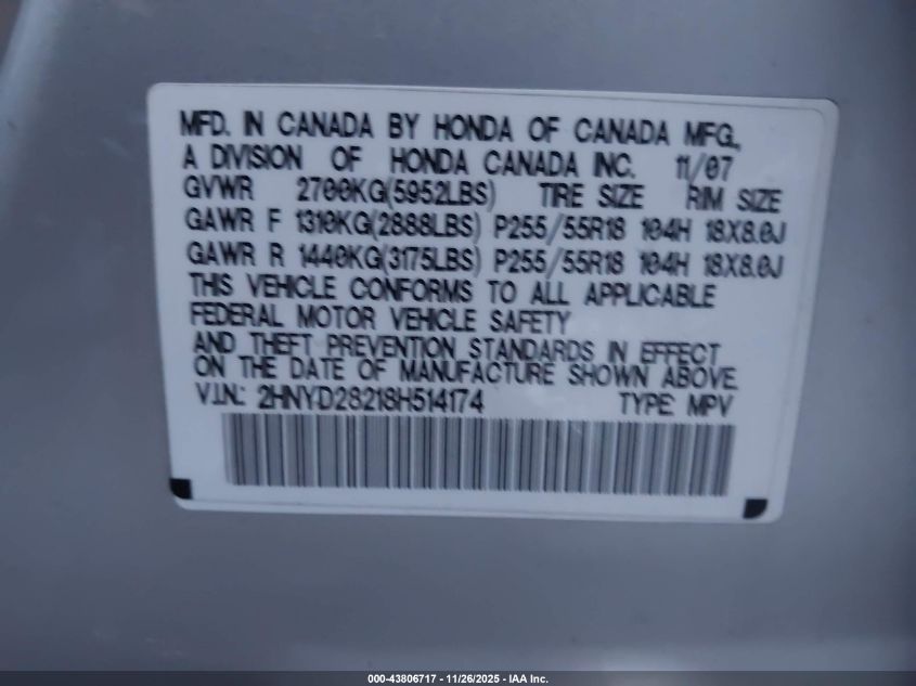 2008 Acura Mdx VIN: 2HNYD28218H514174 Lot: 43806717