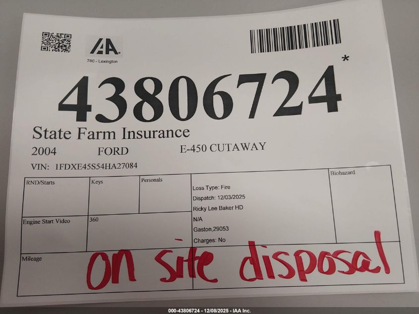 2004 Ford E-450 Cutaway Standard VIN: 1FDXE45S54HA27084 Lot: 43806724