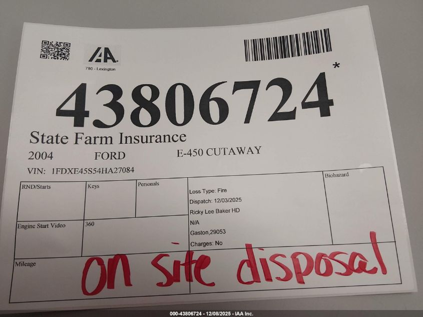 2004 Ford E-450 Cutaway Standard VIN: 1FDXE45S54HA27084 Lot: 43806724