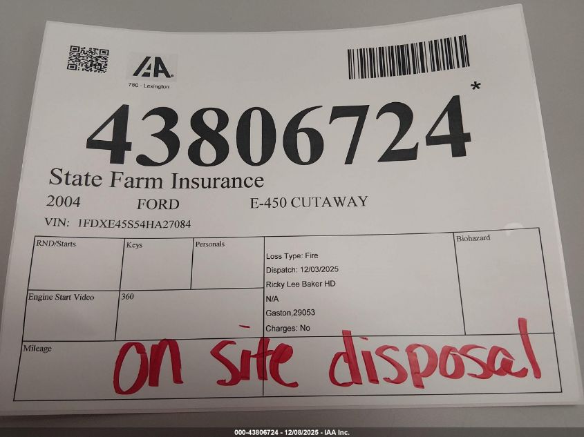 2004 Ford E-450 Cutaway Standard VIN: 1FDXE45S54HA27084 Lot: 43806724