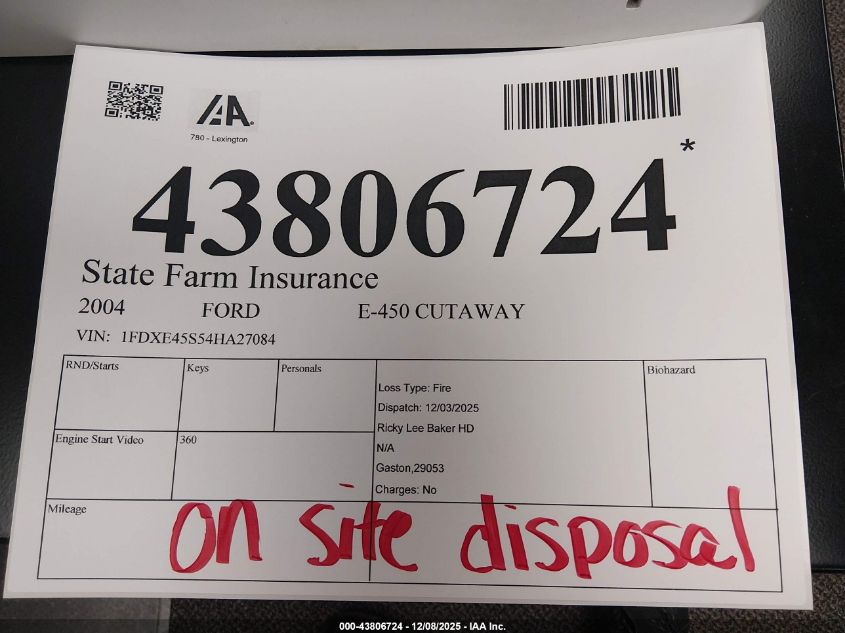 2004 Ford E-450 Cutaway Standard VIN: 1FDXE45S54HA27084 Lot: 43806724