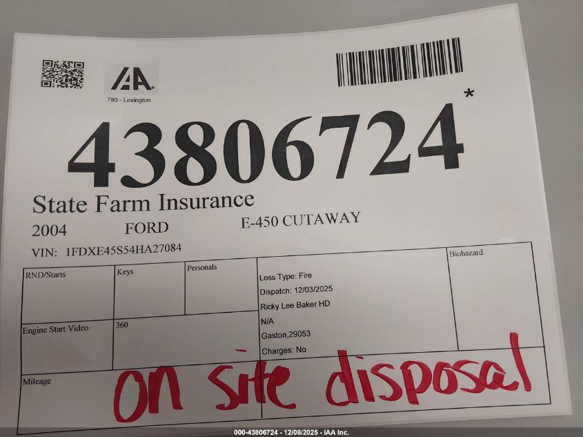 2004 Ford E-450 Cutaway Standard VIN: 1FDXE45S54HA27084 Lot: 43806724