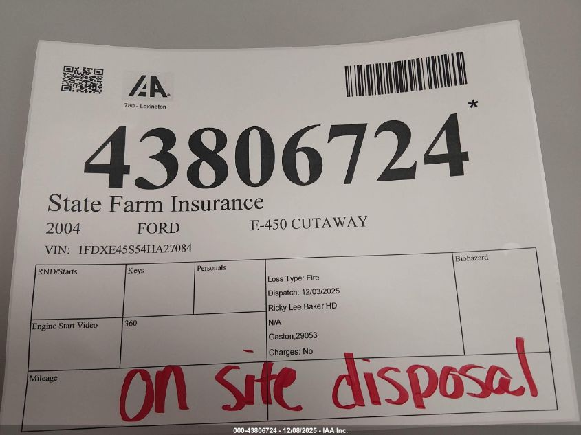 2004 Ford E-450 Cutaway Standard VIN: 1FDXE45S54HA27084 Lot: 43806724
