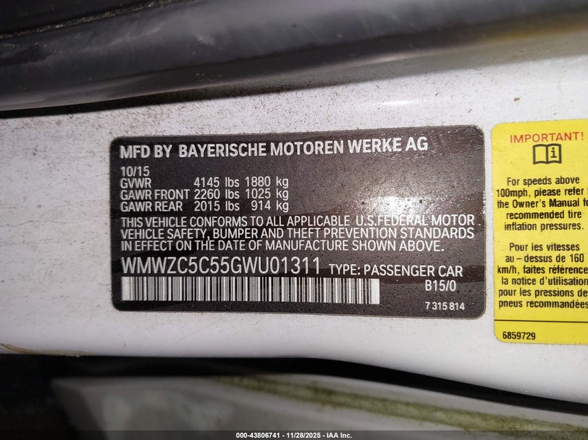 2016 Mini Countryman Cooper S VIN: WMWZC5C55GWU01311 Lot: 43806741