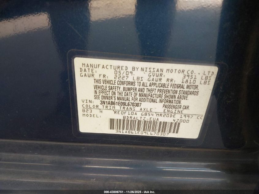 2009 Nissan Sentra 2.0S VIN: 3N1AB61E09L670307 Lot: 43806751