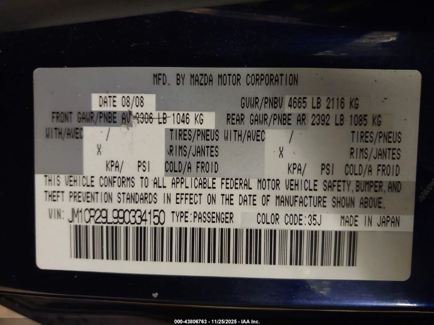 2009 Mazda Mazda5 Sport VIN: JM1CR29L990334150 Lot: 43806763