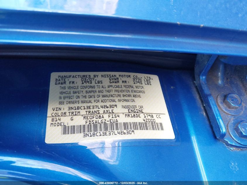 2007 Nissan Versa 1.8Sl VIN: 3N1BC13E37L426309 Lot: 43806772
