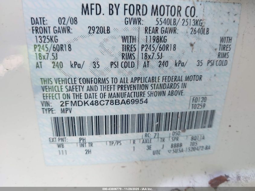 2008 Ford Edge Sel VIN: 2FMDK48C78BA69954 Lot: 43806779