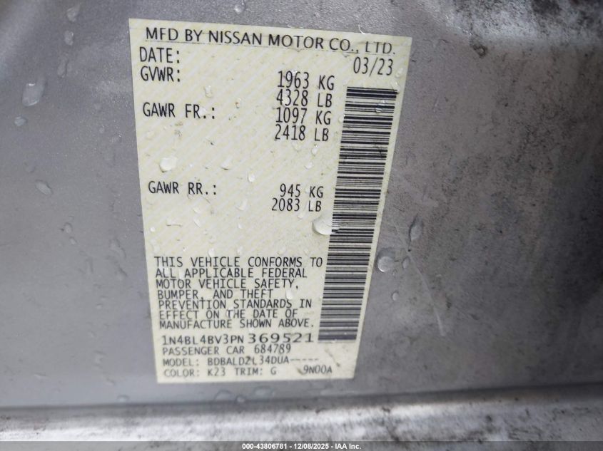 2023 Nissan Altima S Fwd VIN: 1N4BL4BV3PN369521 Lot: 43806781