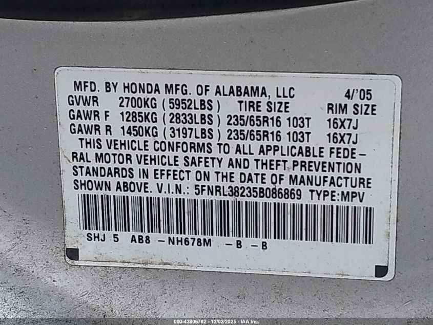 2005 Honda Odyssey Lx VIN: 5FNRL38235B086869 Lot: 43806782