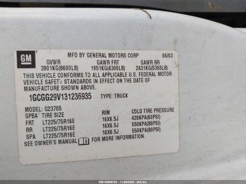 2003 Chevrolet Express VIN: 1GCGG29V131236935 Lot: 43806783