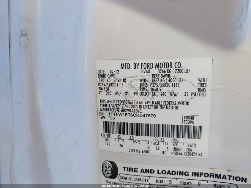 2012 Ford F-150 King Ranch VIN: 1FTFW1ET6CKD47570 Lot: 43806792