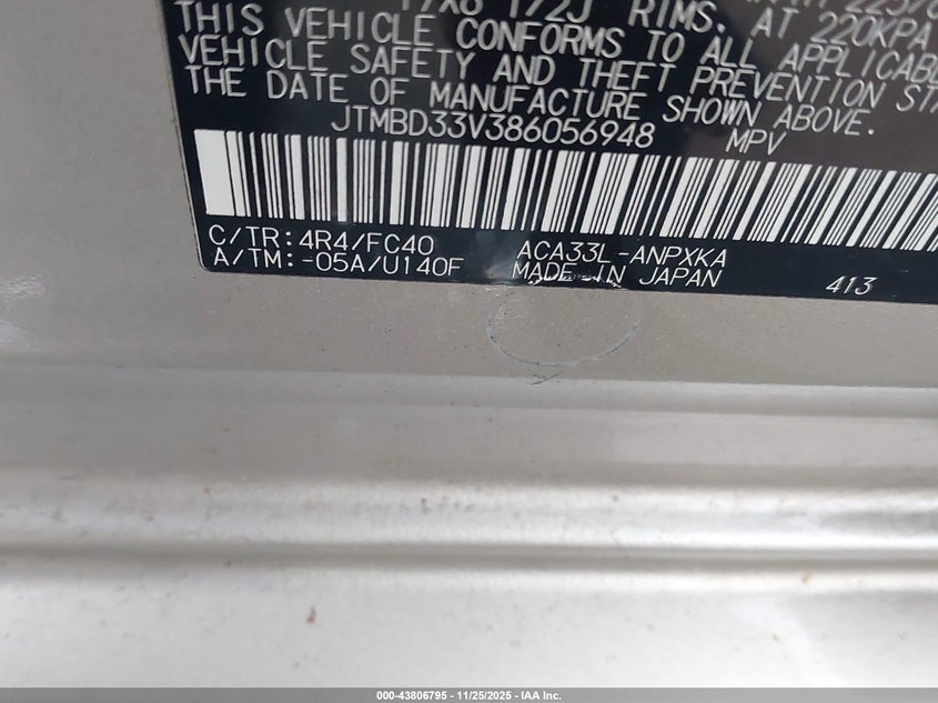 2008 Toyota Rav4 VIN: JTMBD33V386056948 Lot: 43806795