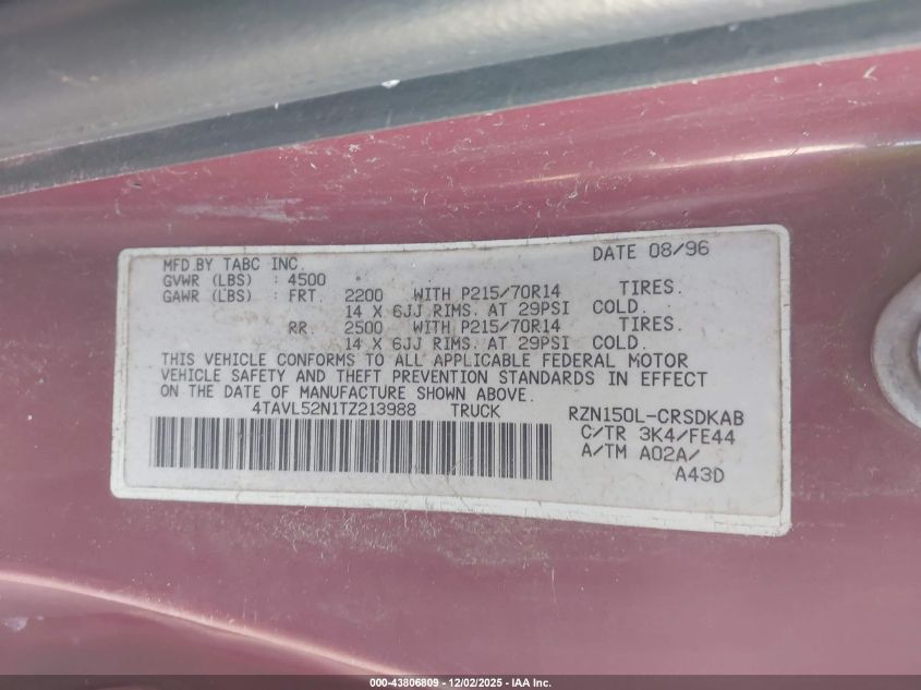 1996 Toyota Tacoma Xtracab VIN: 4TAVL52N1TZ213988 Lot: 43806809