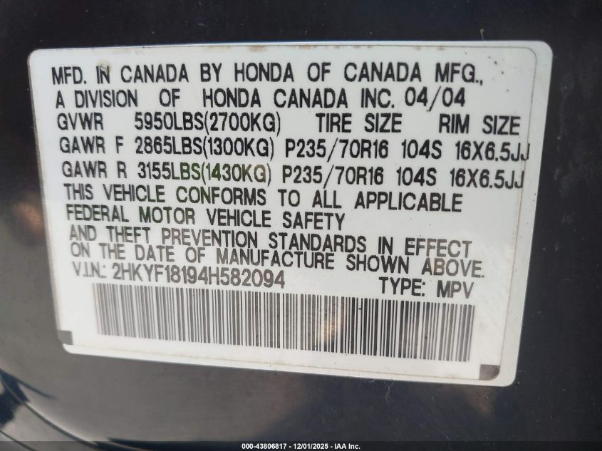 2004 Honda Pilot Lx VIN: 2HKYF18194H582094 Lot: 43806817