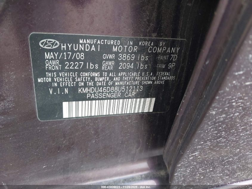 2008 Hyundai Elantra Gls/Se VIN: KMHDU46D88U512113 Lot: 43806823