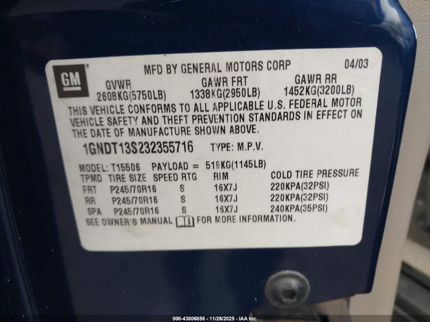 2003 Chevrolet Trailblazer Ls VIN: 1GNDT13S232355716 Lot: 43806856