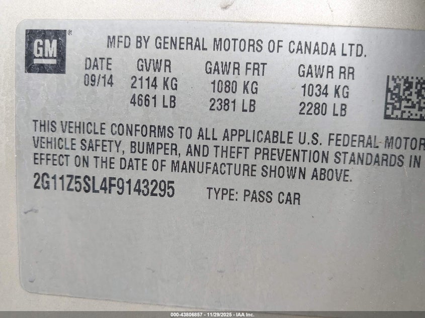 2015 Chevrolet Impala Ls VIN: 2G11Z5SL4F9143295 Lot: 43806857