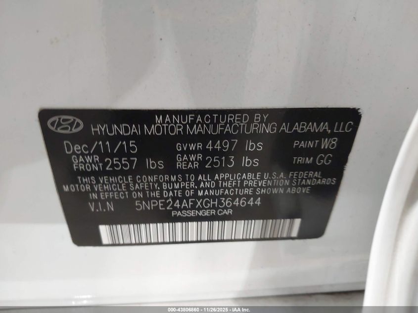 2016 Hyundai Sonata Se VIN: 5NPE24AFXGH364644 Lot: 43806860