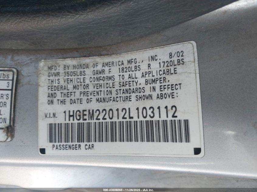 2002 Honda Civic Ex VIN: 1HGEM22012L103112 Lot: 43806868