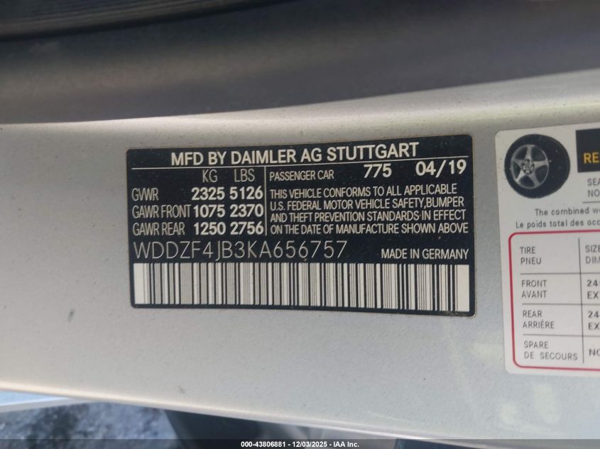 2019 Mercedes-Benz E 300 VIN: WDDZF4JB3KA656757 Lot: 43806881