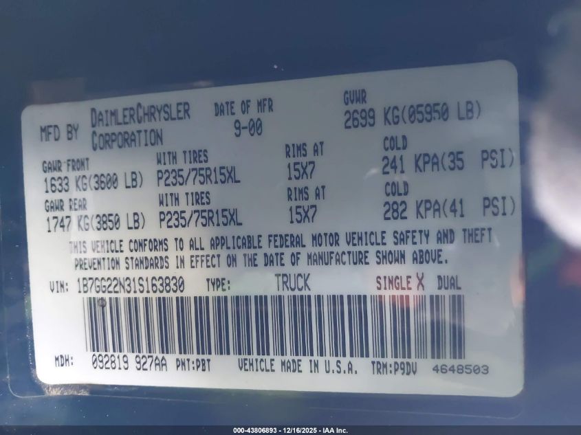 2001 Dodge Dakota Slt/Sport VIN: 1B7GG22N31S163830 Lot: 43806893