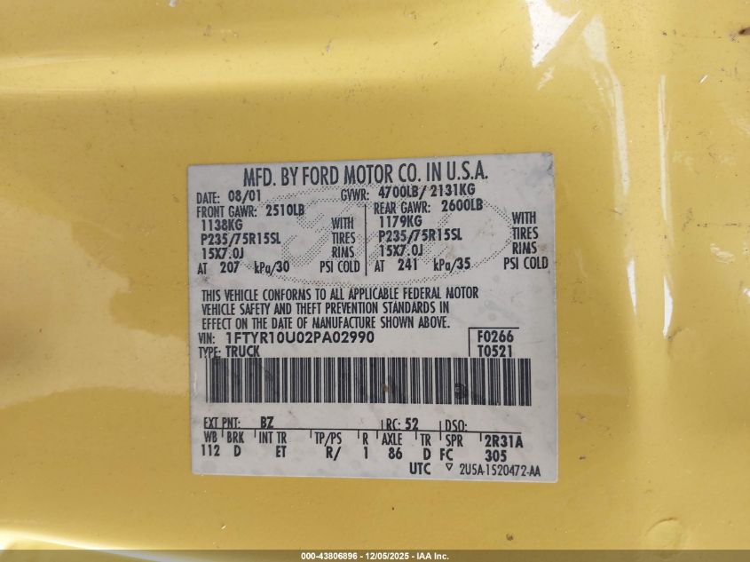 2002 Ford Ranger Edge/Xl/Xlt VIN: 1FTYR10U02PA02990 Lot: 43806896