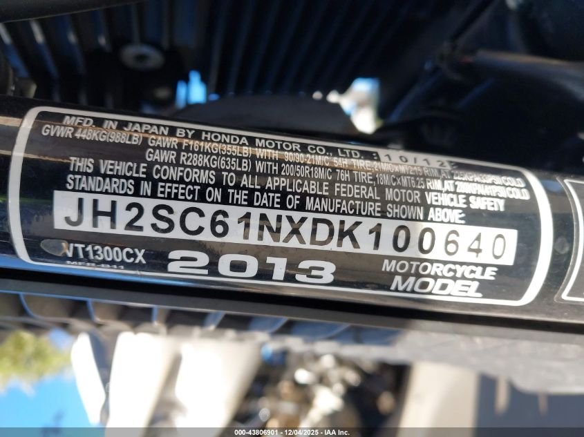 2013 Honda Vt1300 Cx VIN: JH2SC61NXDK100640 Lot: 43806901