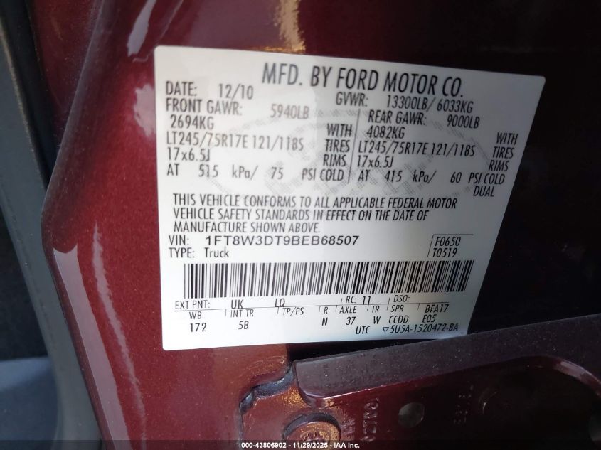 2011 Ford F-350 Lariat VIN: 1FT8W3DT9BEB68507 Lot: 43806902