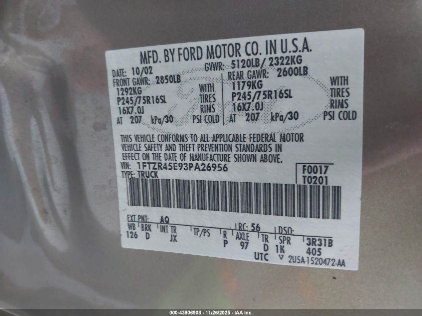 2003 Ford Ranger Edge/Xlt VIN: 1FTZR45E93PA26956 Lot: 43806908