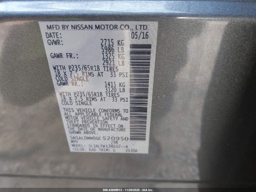 2016 Infiniti Qx60 VIN: 5N1AL0MN0GC520950 Lot: 43806913