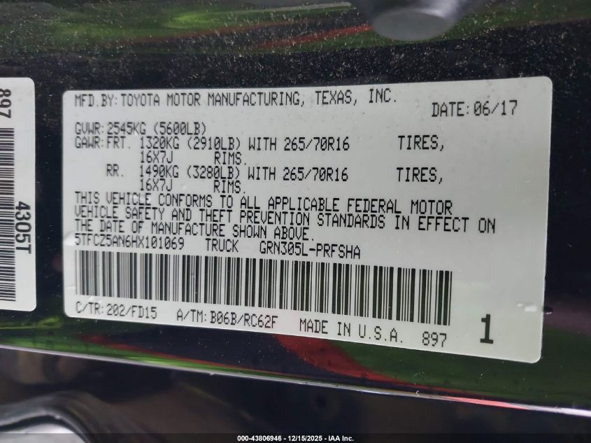 2017 Toyota Tacoma Trd Off Road VIN: 5TFCZ5AN6HX101069 Lot: 43806946