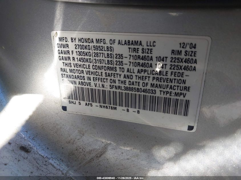 2005 Honda Odyssey Touring VIN: 5FNRL38885B046033 Lot: 43806948