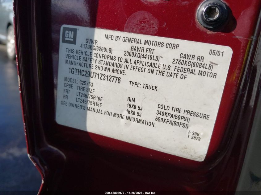 2001 GMC Sierra 2500Hd Sle VIN: 1GTHC29U71Z312776 Lot: 43806977