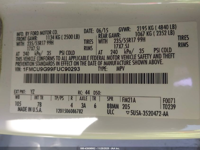 2015 Ford Escape Se VIN: 1FMCU9G99FUC90293 Lot: 43806982